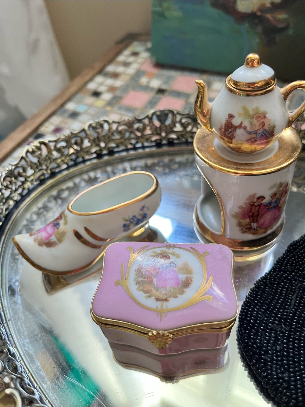Vintage Limoges Porcelain Trinket Box, Shoe and Mini Tea Set - Pink & Gold